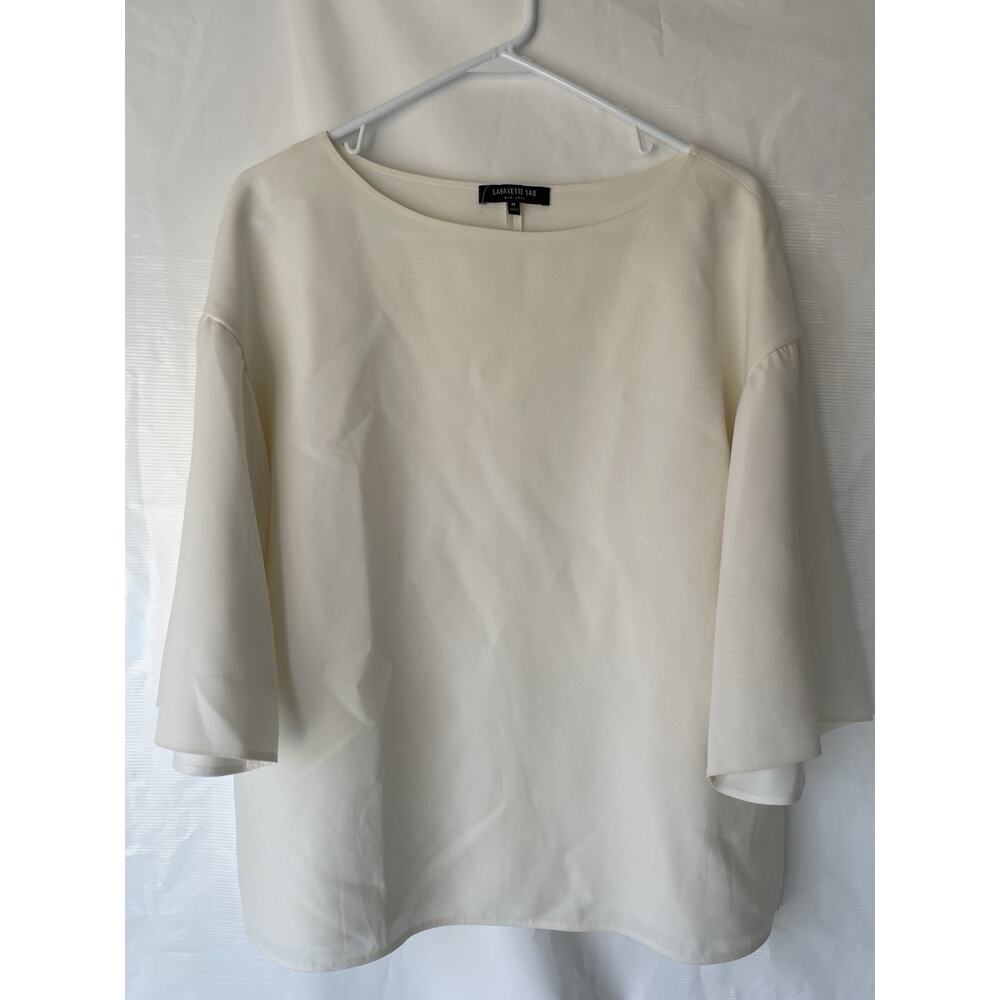 Lafayette 148 New York Women's Ivory Boat-Neck Blouse Top 3/4 Blouson Sleeve